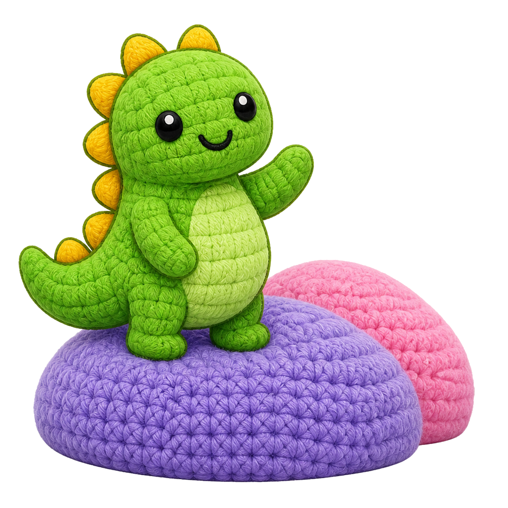 Green crochet dinosaur standing on purple and pink yarn hills