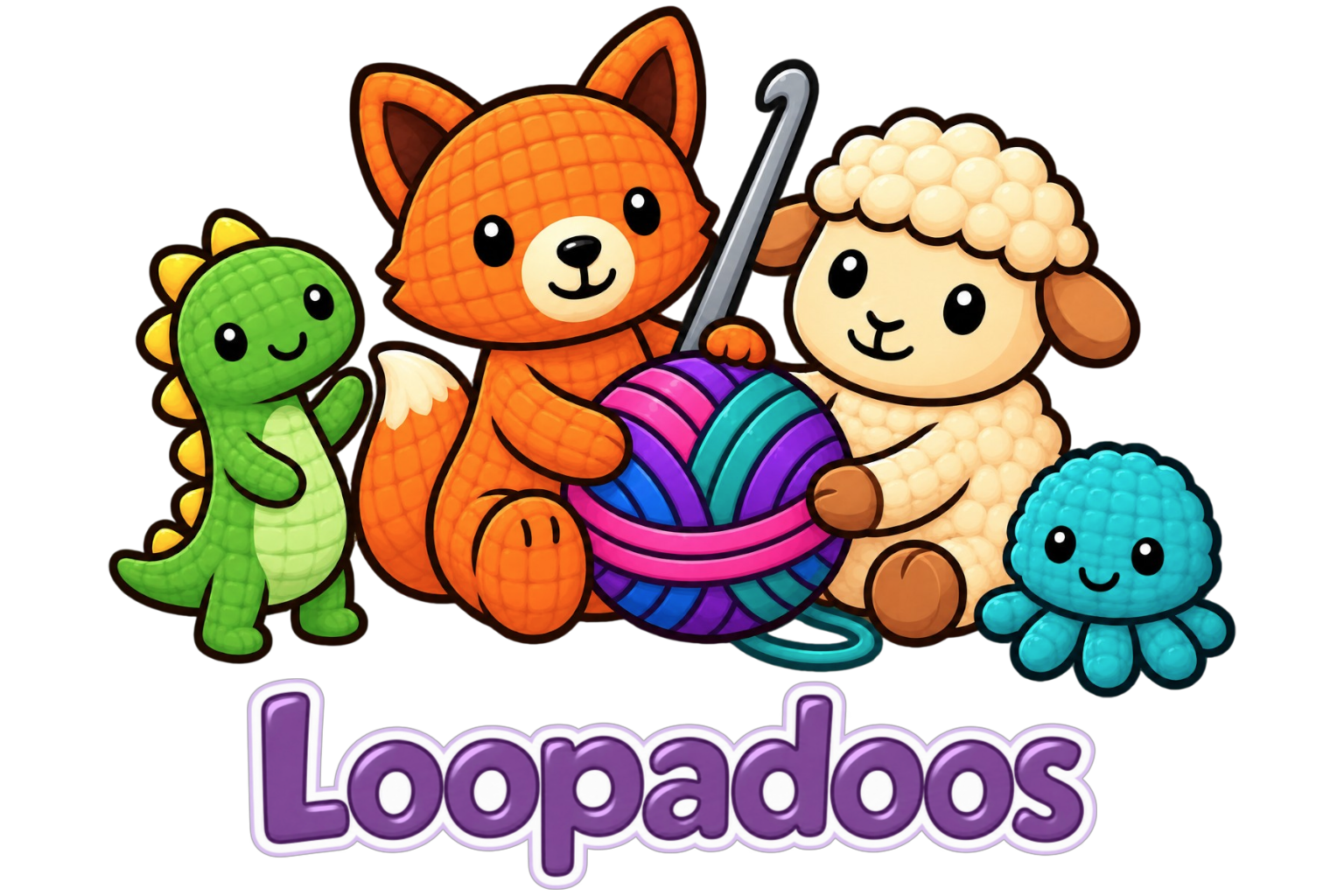 Crochet dinosaur, fox, sheep, and octopus gathered around a ball of yarn