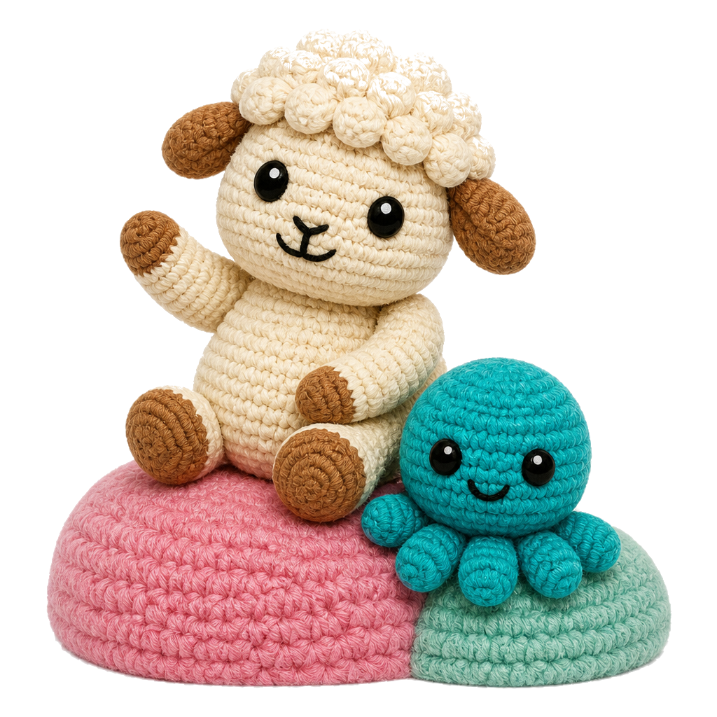 Cream crochet sheep and teal octopus sitting on pink and mint yarn hills